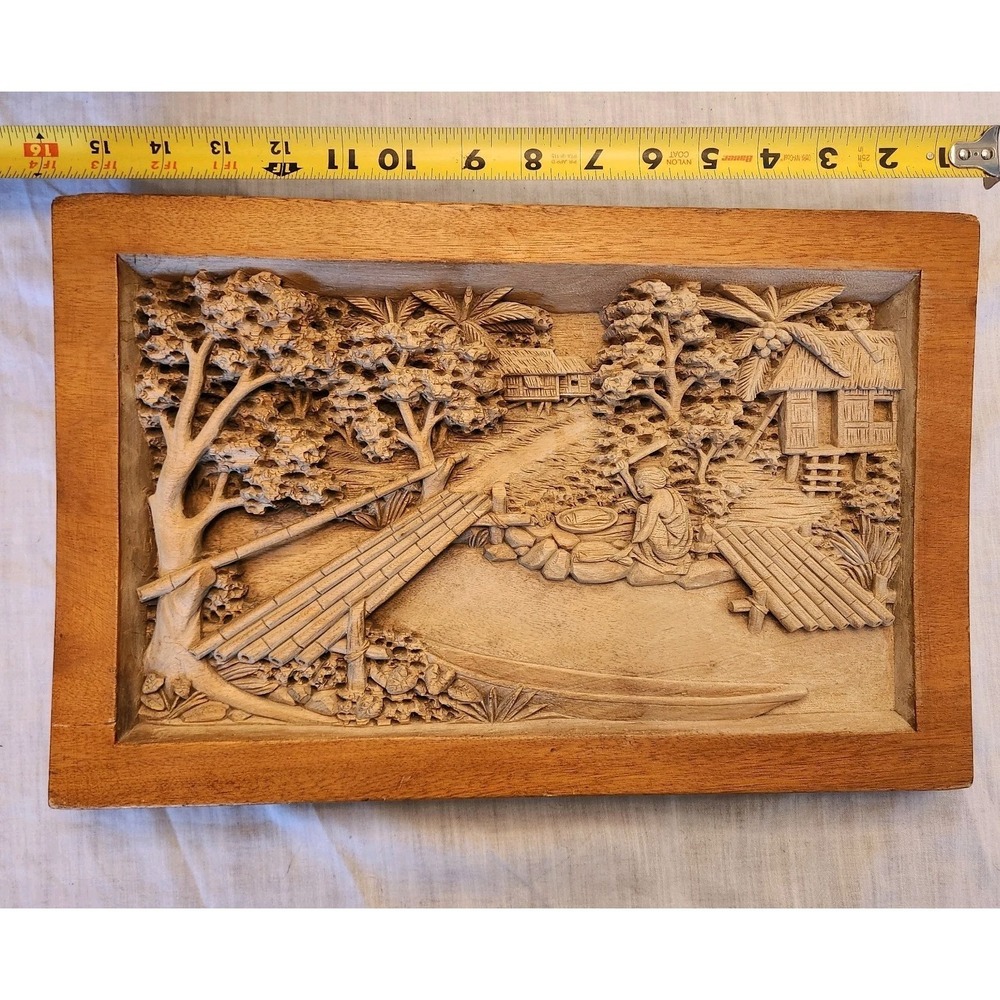 Southeast Asian Hand Carved Wood High Relief Pastoral Rustic Village Hut Scene - Picture 3 of 11